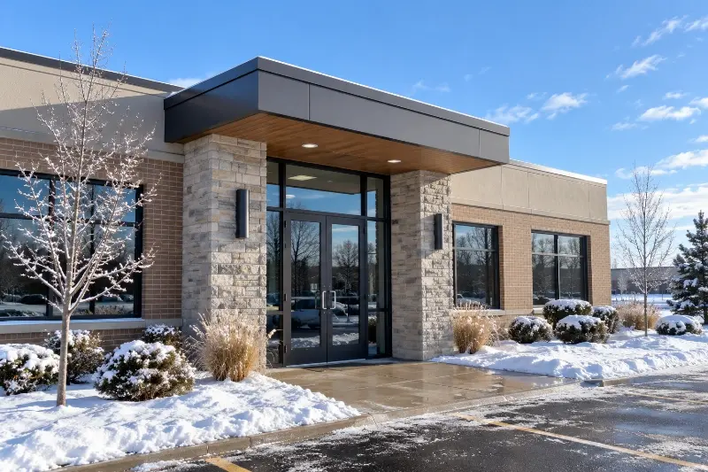 The glass front doors of a brick office building under a flat canopy, with snow on the shrubs beside the walk.