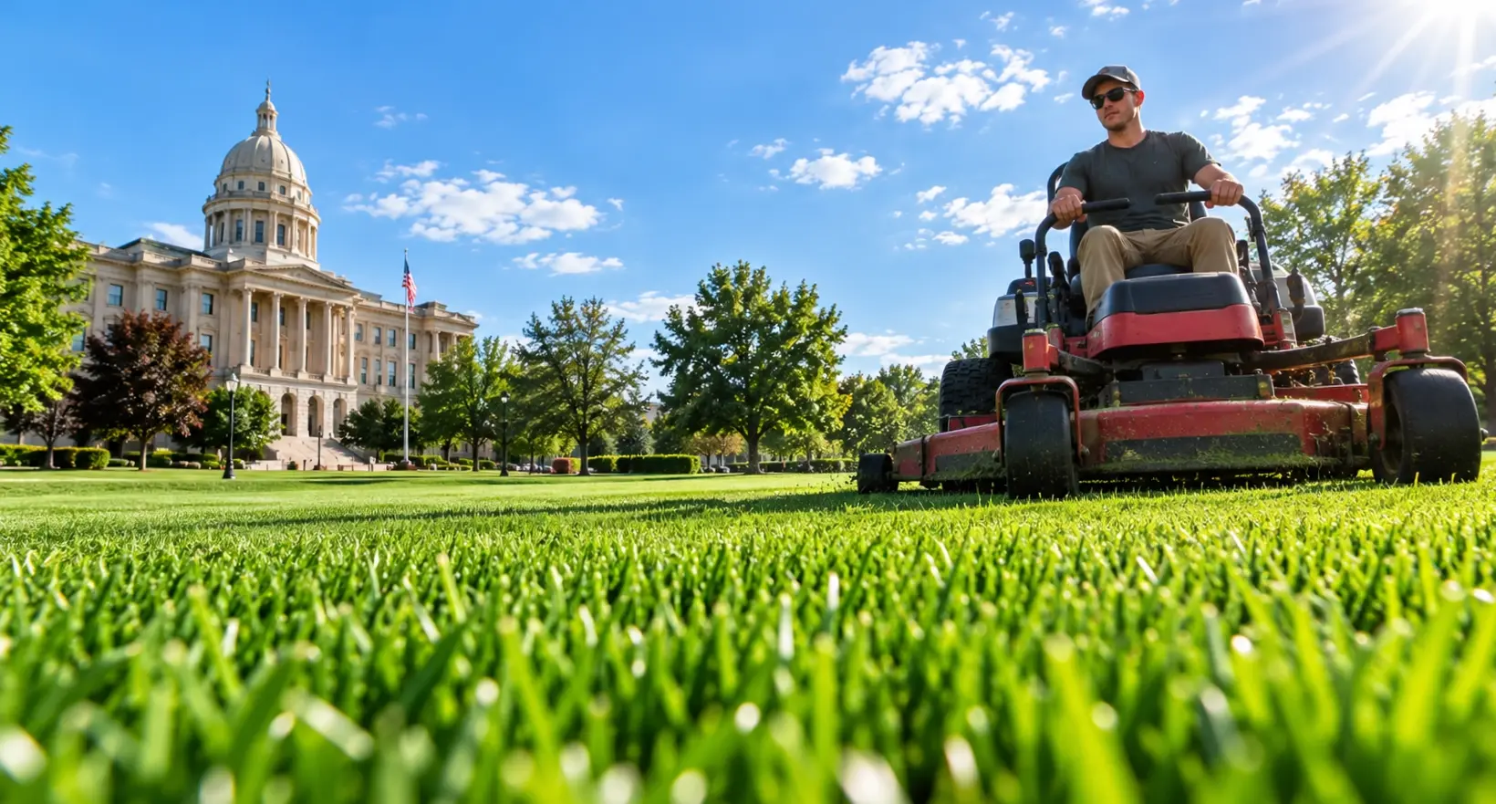 A commercial mower cutting a wide lawn beside a building.