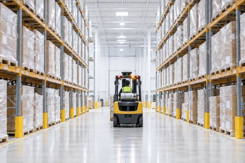A forklift driving down the centre aisle of a warehouse between tall racks of shrink-wrapped pallets.